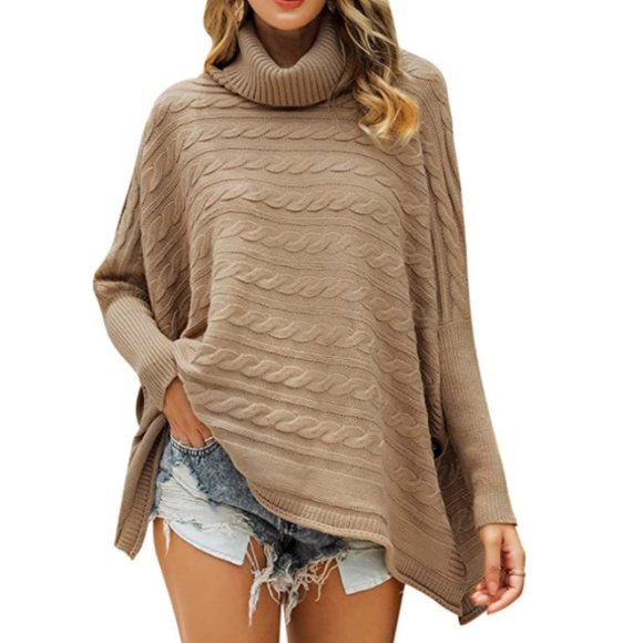 Ms. Lure Sweaters - NWT Camel Cable Knit Cowl Neck Slit Side Poncho